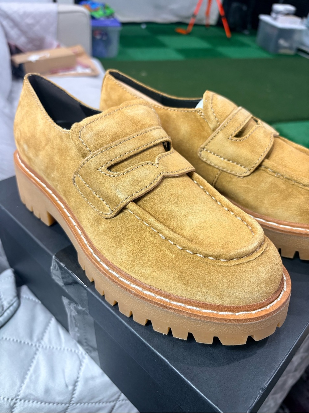 Marc Fisher Suede Loafers in Mustard Tan
